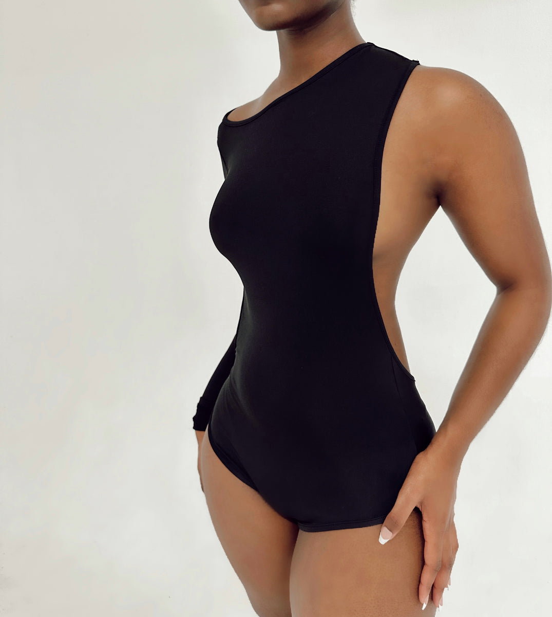 Black Crepe Side Boob Thong Bodysuit